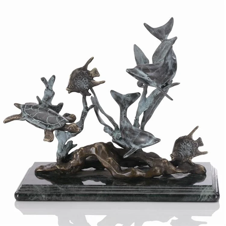 SPI Home Brass Small Dolphin Seaworld – 9" Ocean Scene Tabletop Sculpture with Coral and Waves