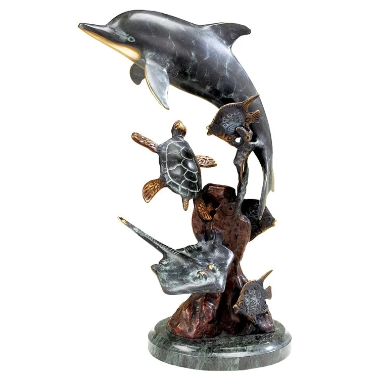 SPI Home Brass Dolphin and Undersea Friends – 11" Marine Life Tabletop Sculpture for Coastal Decor