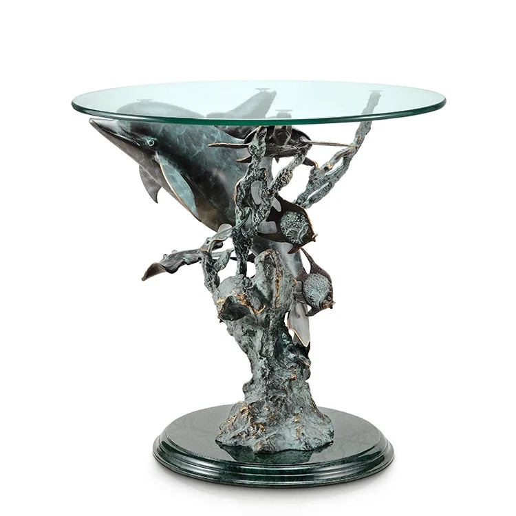 SPI Home Brass Dolphin Seaworld End Table with Glass Top – 24" Round Coastal Accent Table