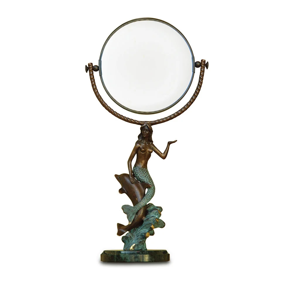 SPI Home Brass Mermaid & Dolphin Mirror with Marble Base – 18" Coastal Vanity Accent