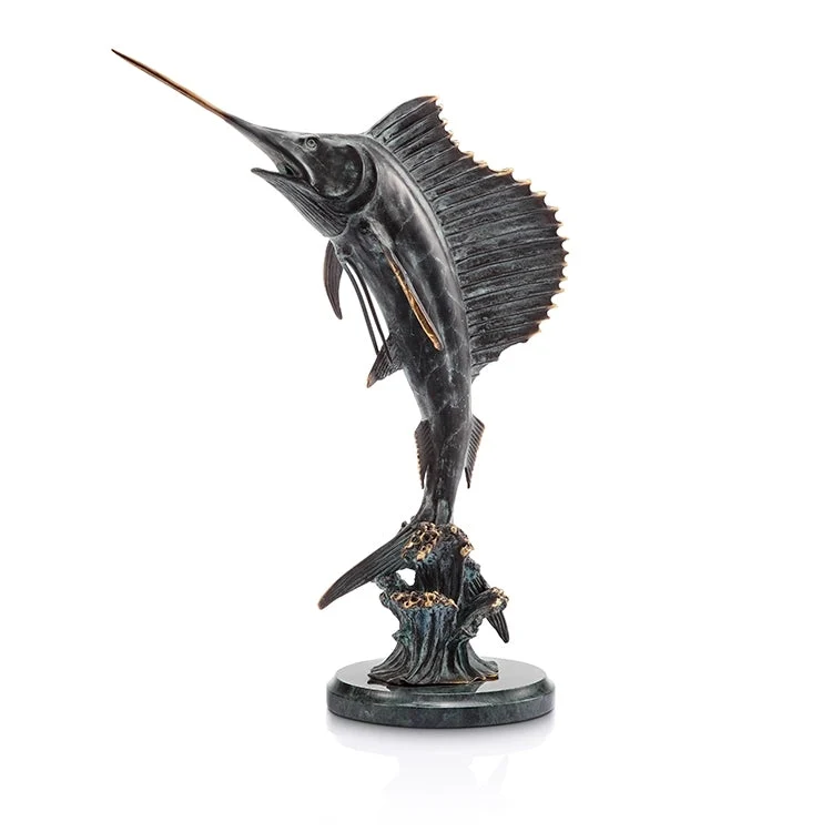 SPI Home Brass Tail Walker Sailfish Figurine – 16" Ocean-Inspired Tabletop Decor for Coastal Homes