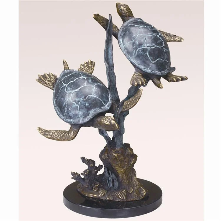 SPI Home Brass Sea Turtle Duet with Seagrass – 14" Ocean-Inspired Marine Life Sculpture