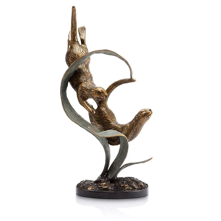 SPI Home Brass Deep Divers Otters Figurine – 19" Wildlife Duo Sculpture for Tabletop Display