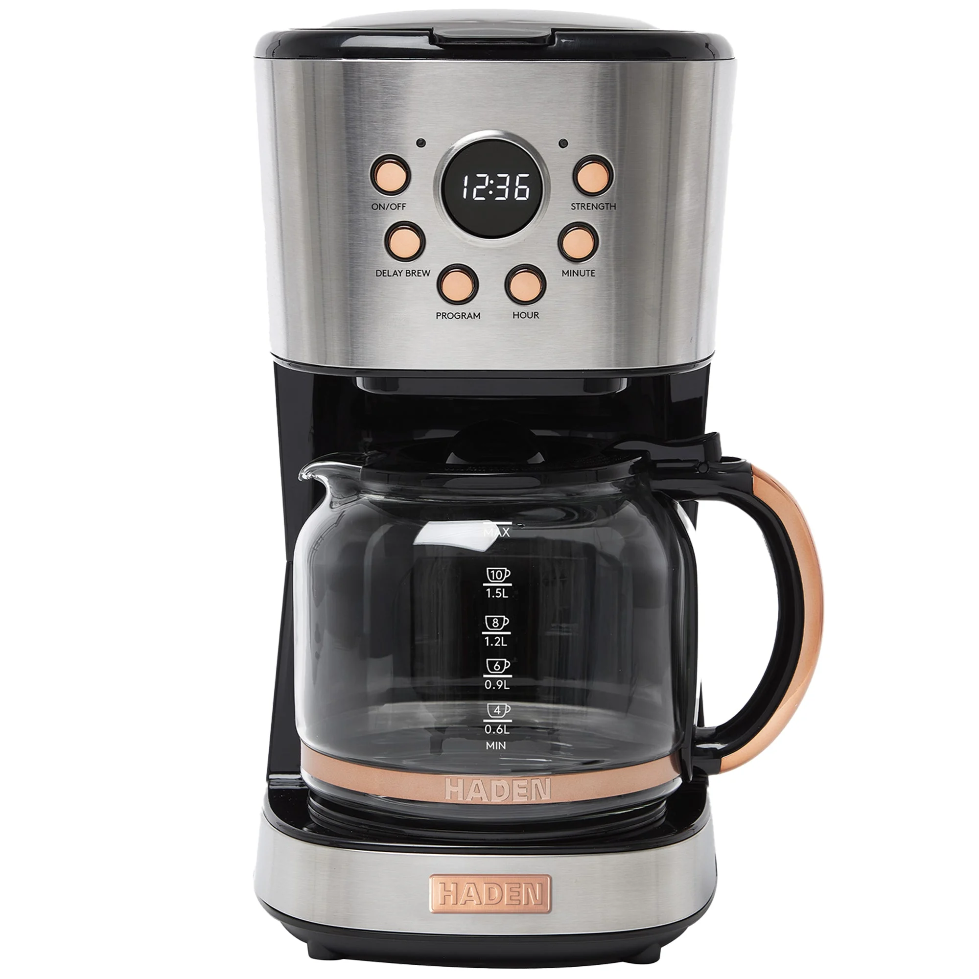 Haden Coffee Machine, 12 Cup Programmable Drip Coffee Maker, Steel & Copper