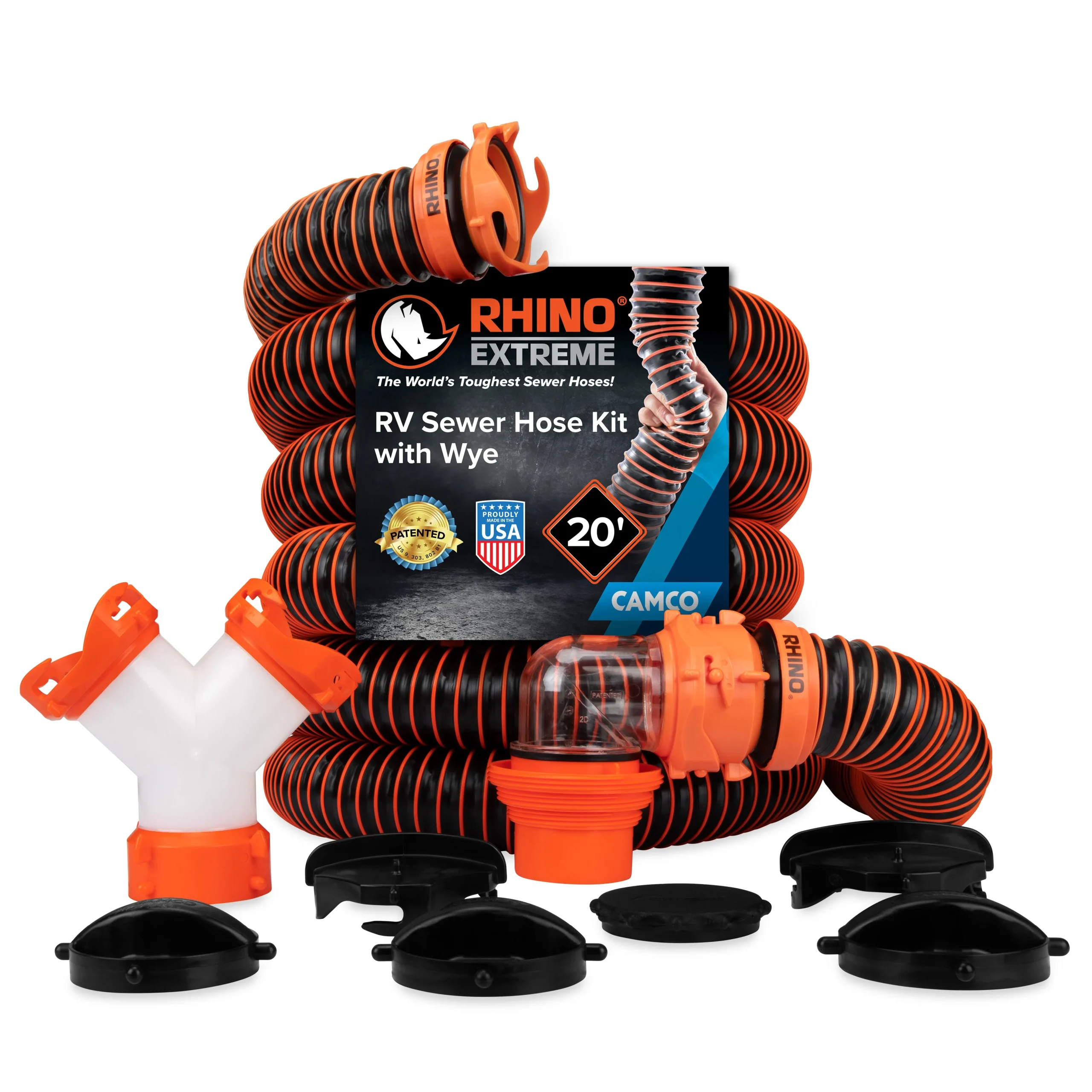 Camco RhinoEXTREME 20 Ft Sewer Hose Kit with 360 Degree Clear Swivel Wye Fitting