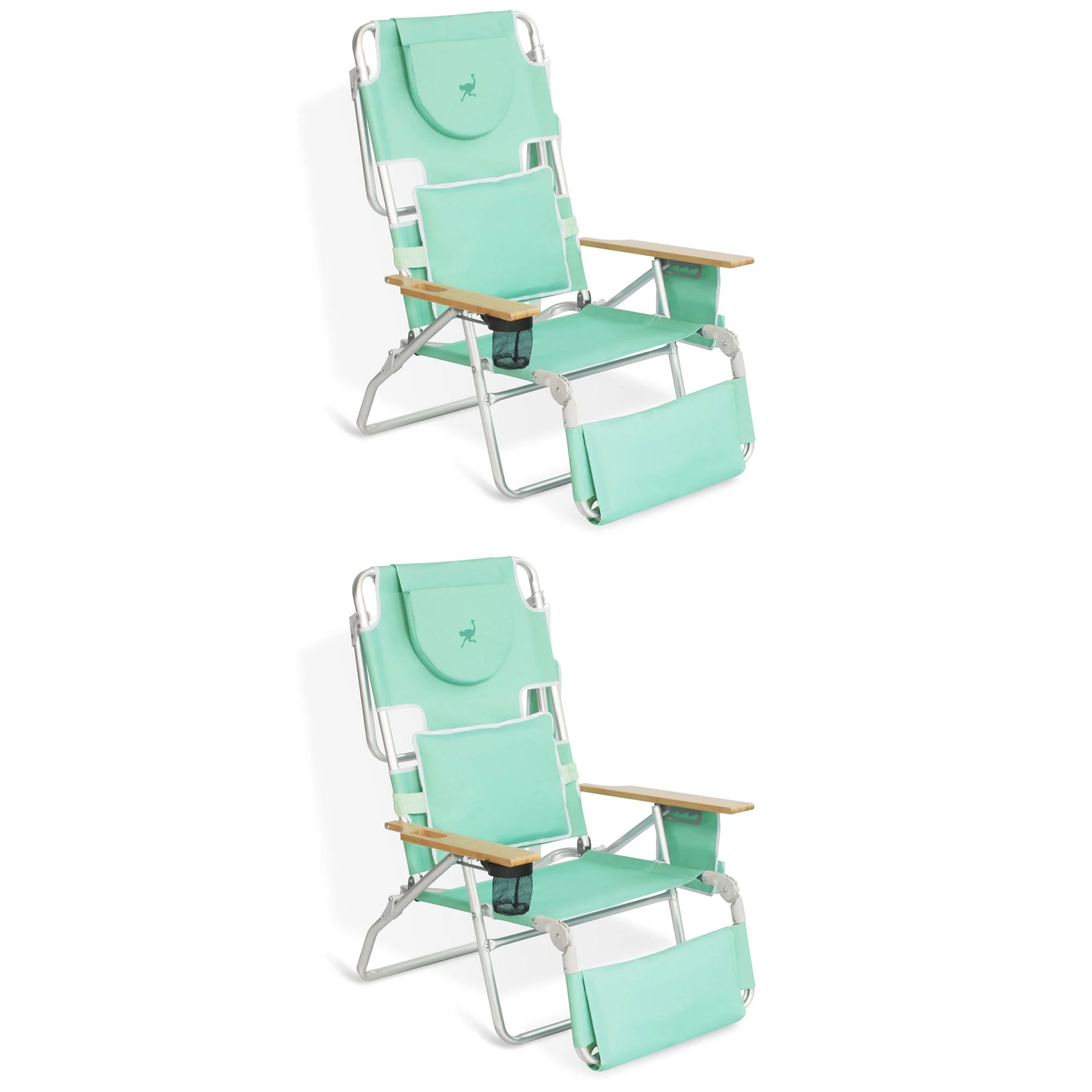 Ostrich Deluxe Padded 3-N-1 Outdoor Folding Reclining Beach Chair, Teal (2 Pack)