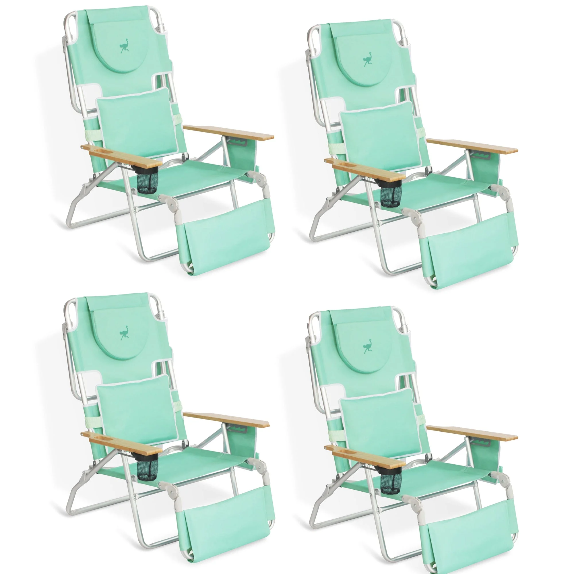 Ostrich Deluxe Padded 3-N-1 Outdoor Folding Reclining Beach Chair, Teal (4 Pack)