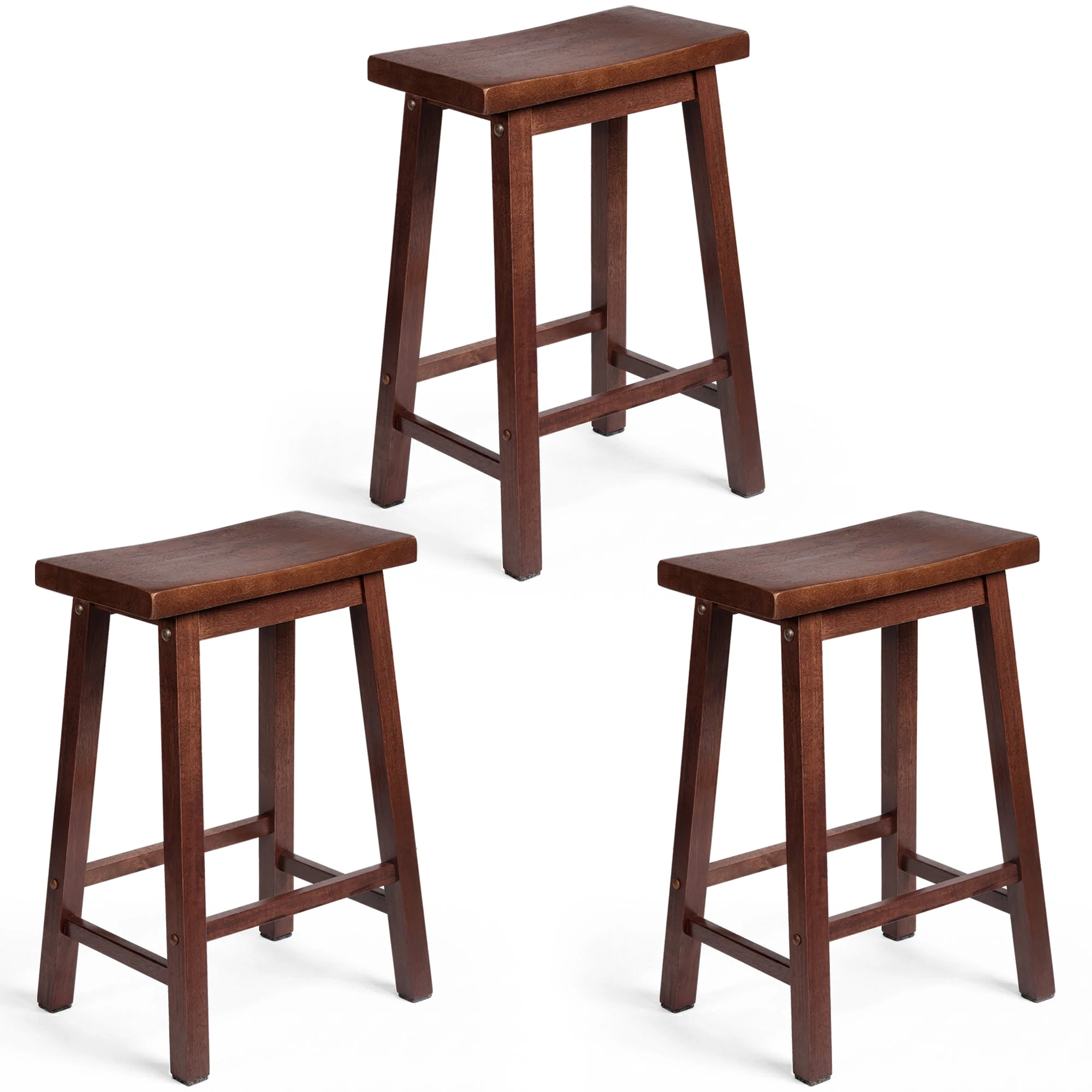 PJ Wood Classic Saddle Seat 24 Inch Kitchen Bar Counter Stool, Walnut (3 Pack)