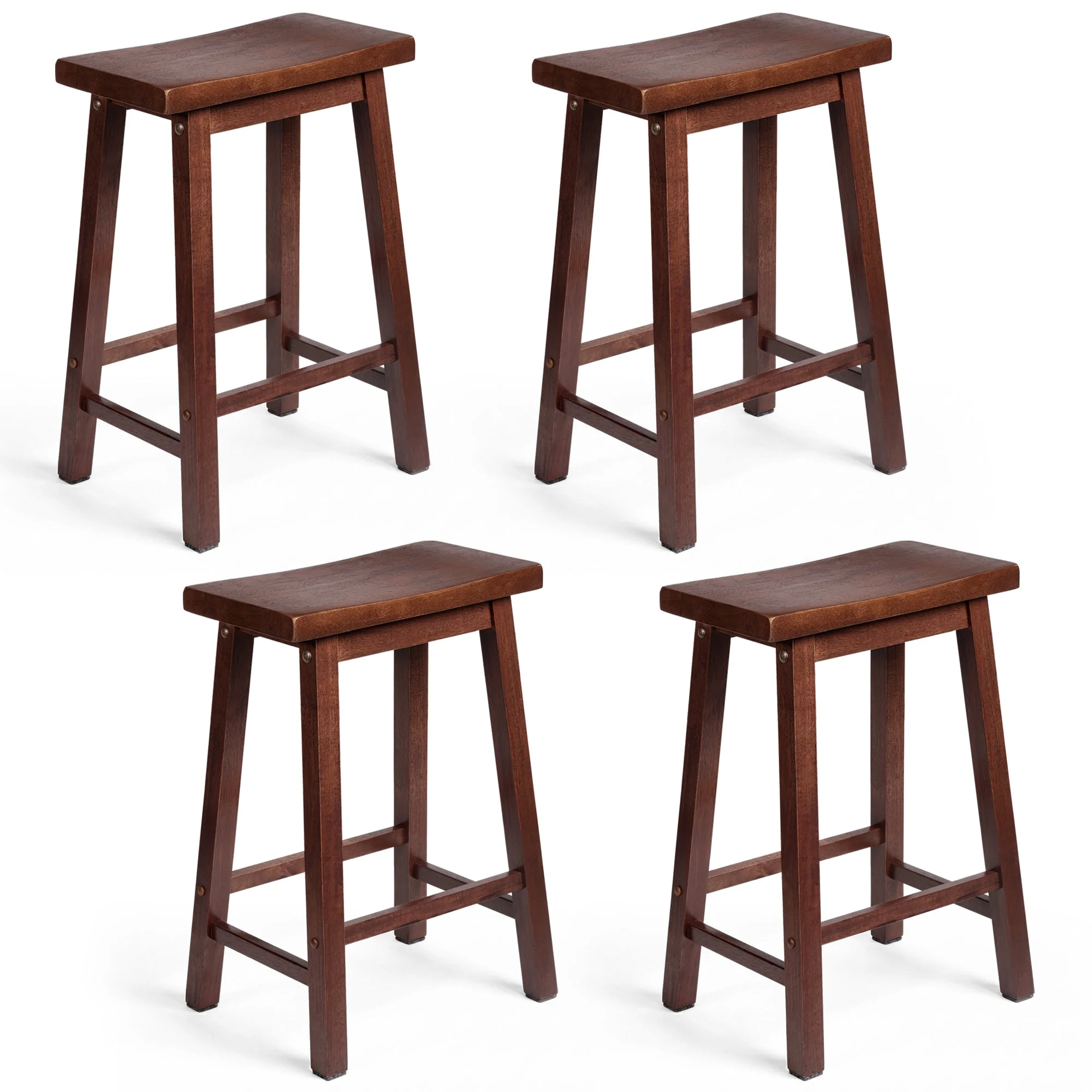 PJ Wood Classic Saddle Seat 24 Inch Kitchen Bar Counter Stool, Walnut (4 Pack)