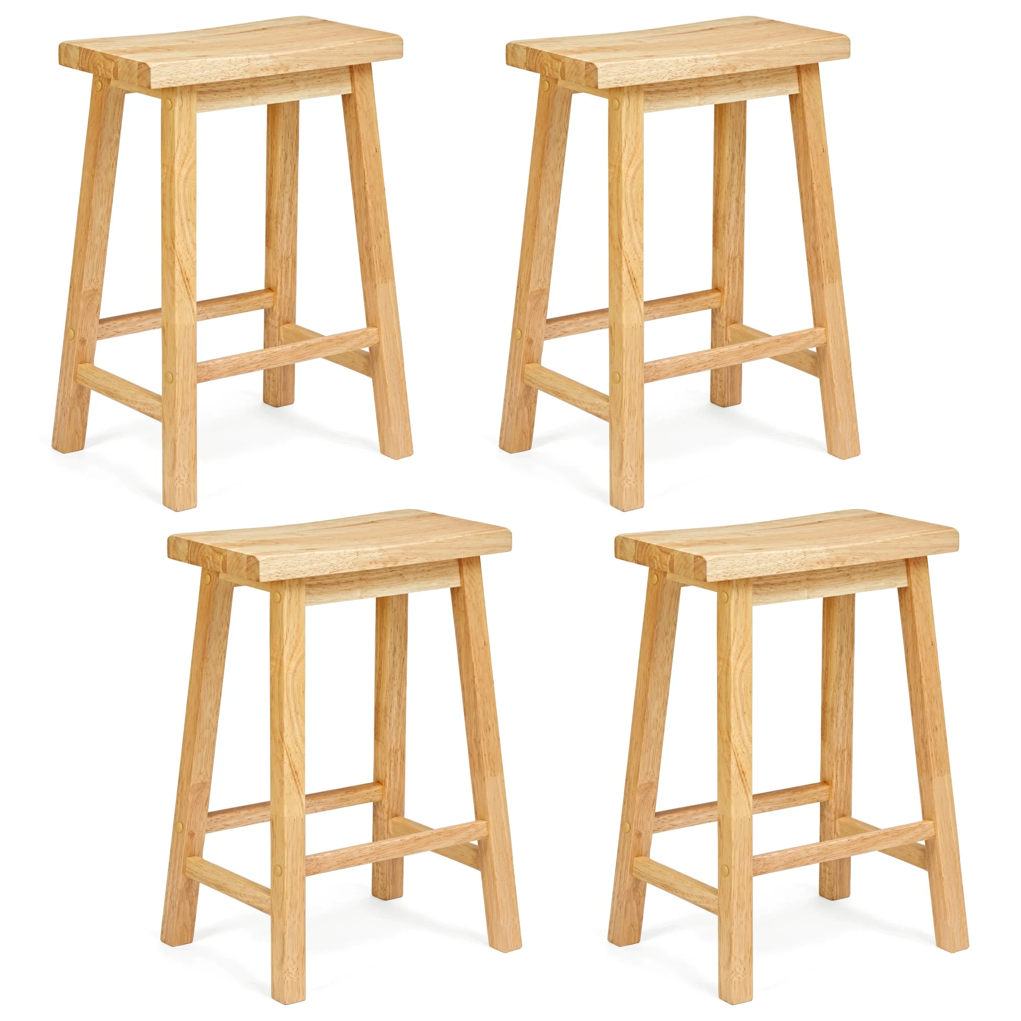 PJ Wood Classic 24 Inch Saddle Seat Kitchen Bar Counter Stool, Natural (4 Pack)