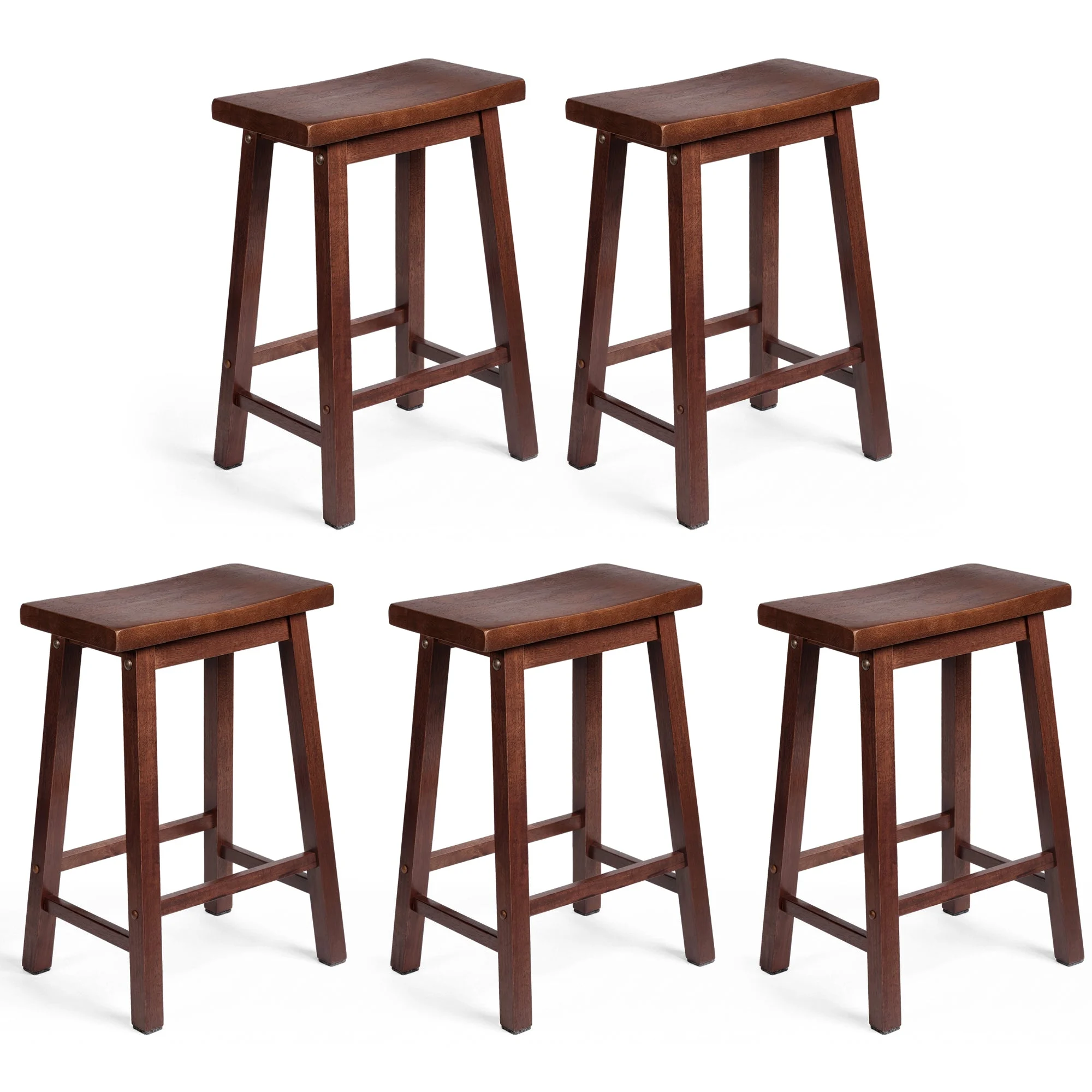 PJ Wood Classic Saddle Seat 24 Inch Kitchen Bar Counter Stool, Walnut (5 Pack)