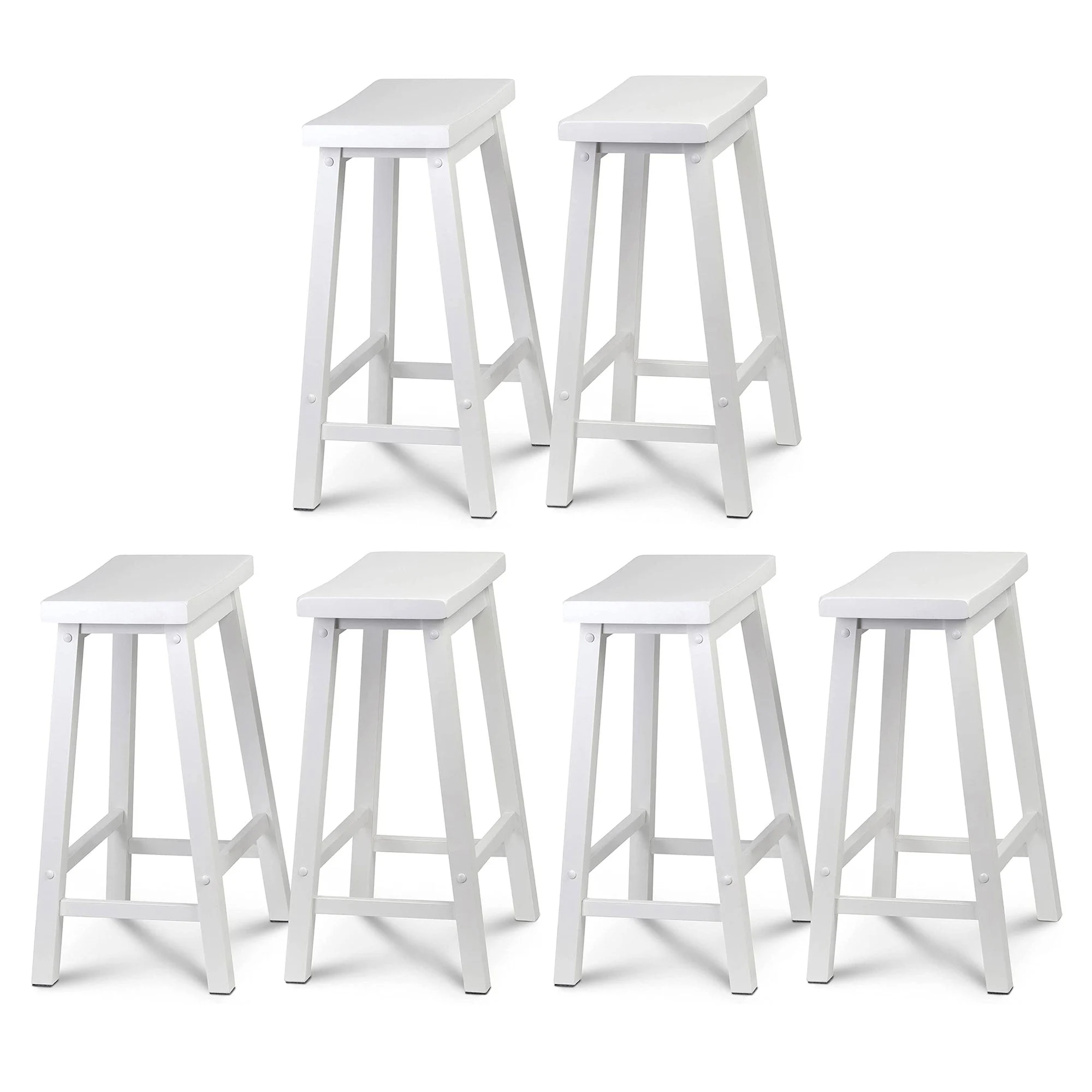 PJ Wood Classic Saddle Seat 24 Inch Tall Kitchen Counter Stools, White (6 Pack)