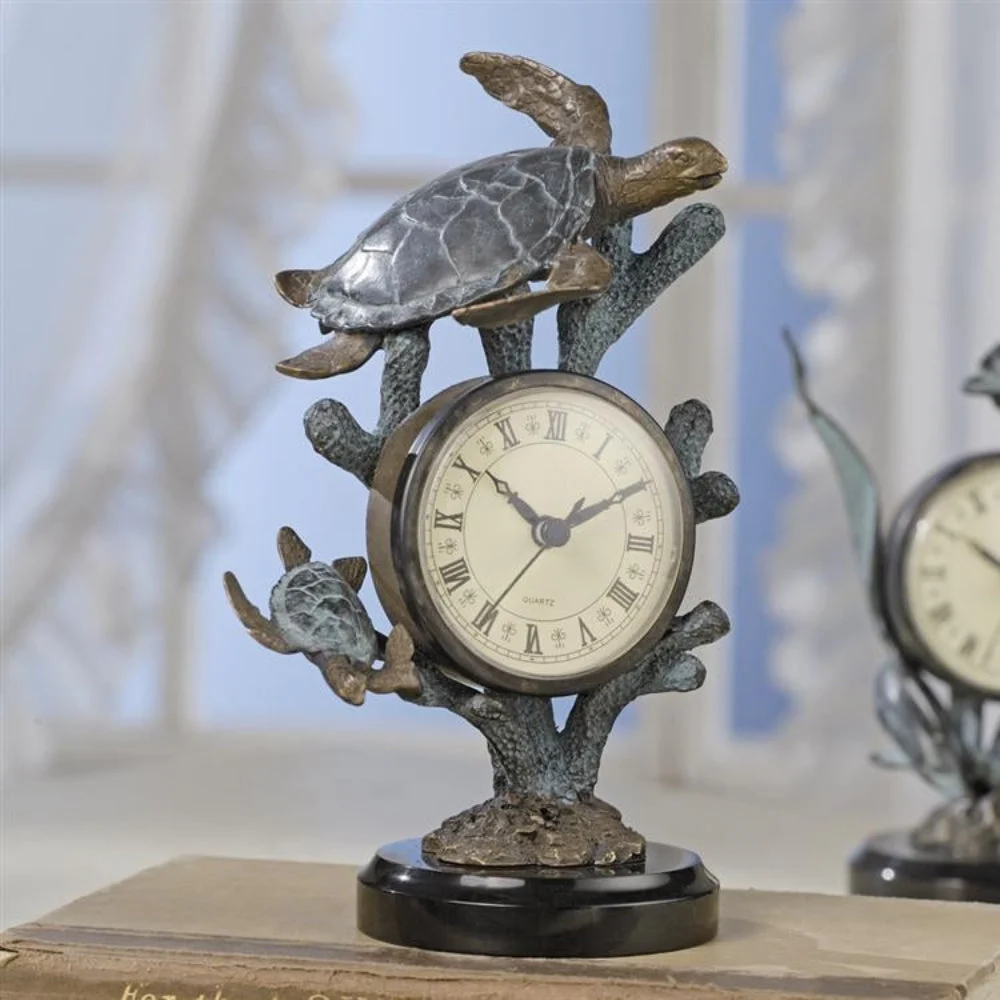 Turtle Table Clock – 8.5"H Solid Brass Decorative Timepiece by SPI Home