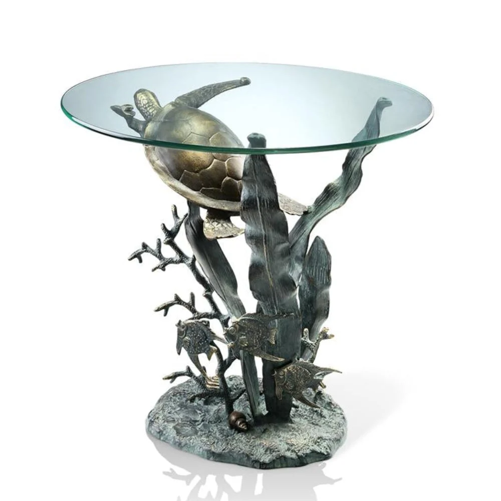 SPI Home Sea Turtle Table – Coastal Accent Furniture, Handcrafted Metal Base with Glass Top, 23” Height