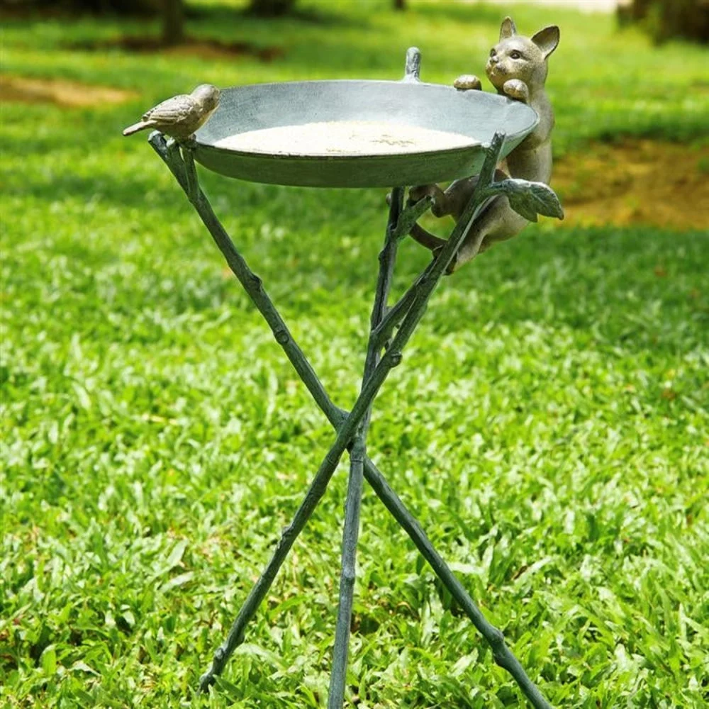 SPI Home Curious Cat and Bird Birdbath – 24" H Bronze Metal Outdoor Garden Decor