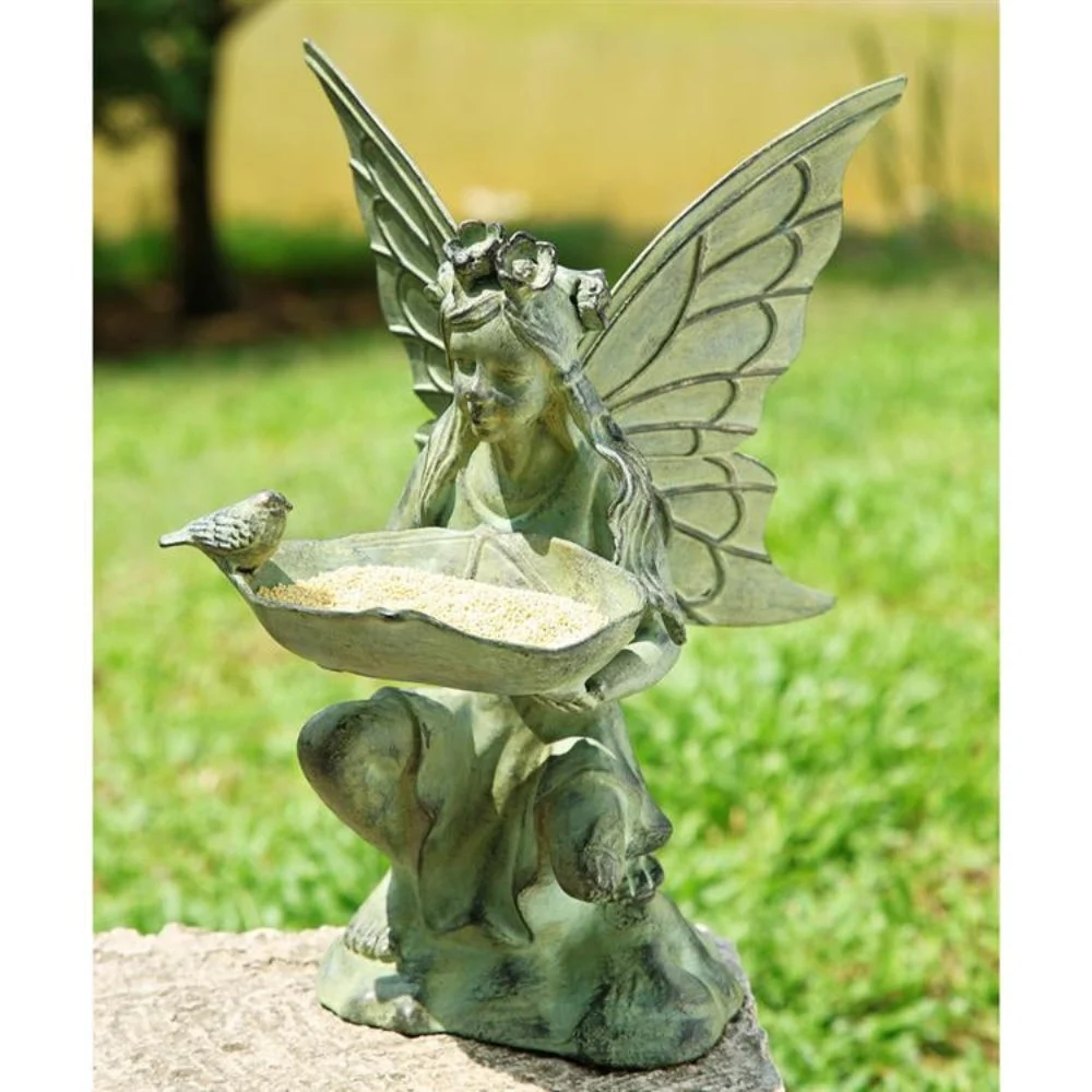 SPI Home Fairy Bird Feeder – 14" H Whimsical Bronze Metal Garden Sculpture with Tray