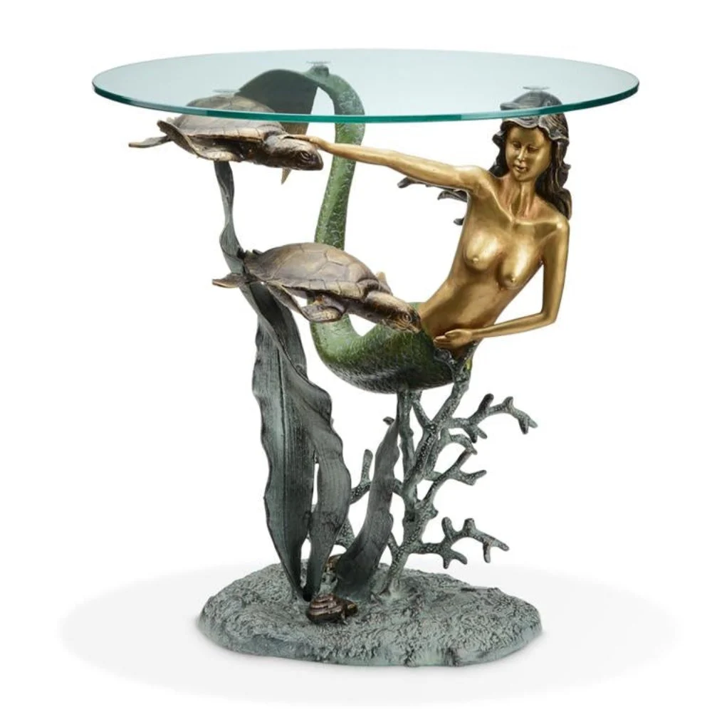 SPI Home Mermaid and Sea Turtles End Table – 22" Coastal Accent Table with Sculpted Metal Base and Round Glass Top