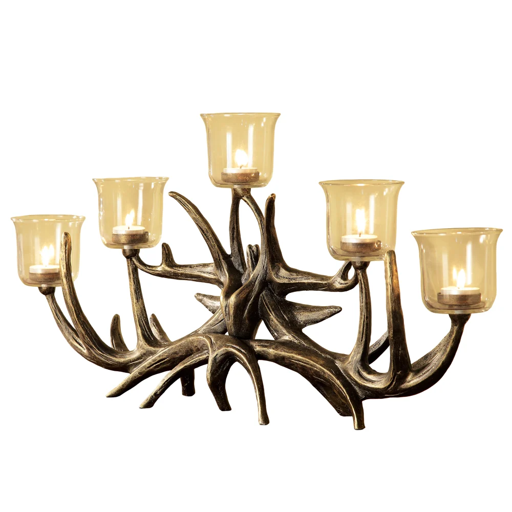 SPI Home Antler Votive Candelabra – 27" Wide Rustic Candle Holder with Faux Antler Design and 5 Glass Votive Cups