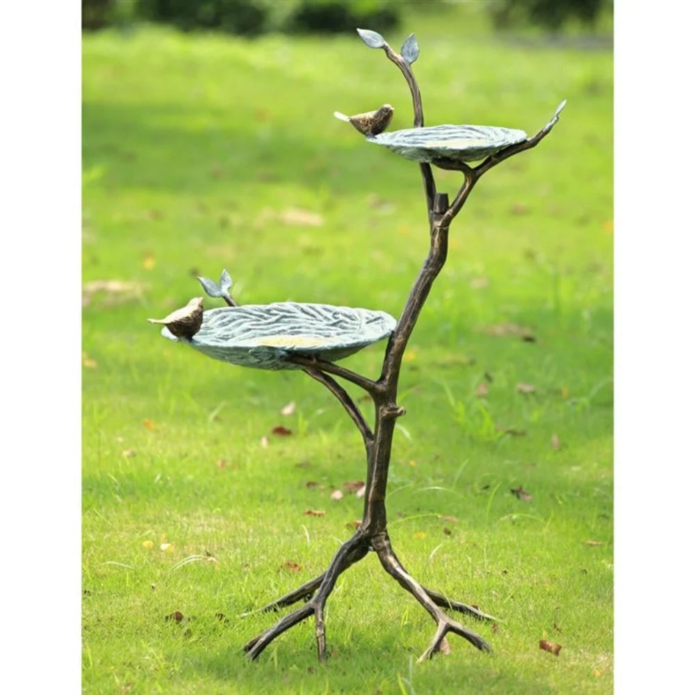 SPI Home Gossiping Birds Birdfeeder – 34" Tall Metal Standing Outdoor Feeder with Sculpted Bird Trio and Leaf Bowl Design