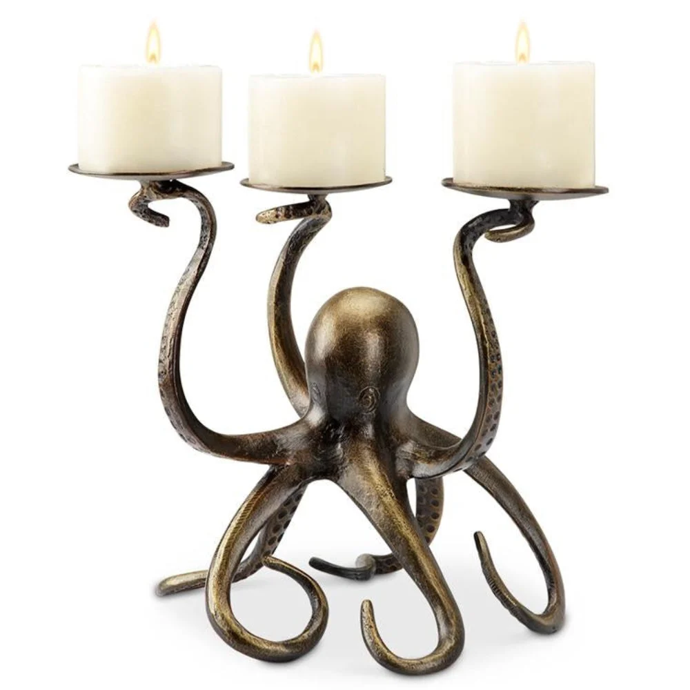 SPI Home Octopus Pillar Trio Candleholder – Coastal Metal Centerpiece with Tentacle Design for Three Candles
