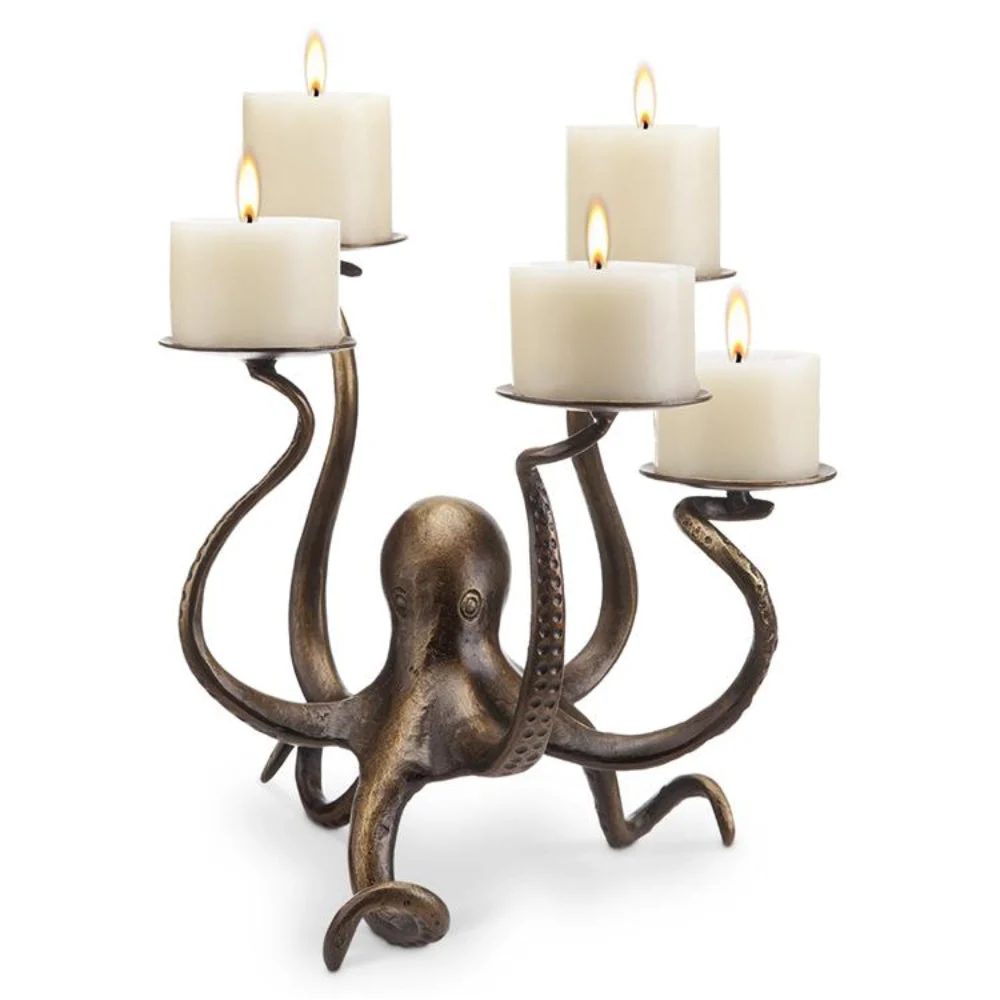 SPI Home Octopus Pillar Candelabra – 14" Cast Iron Coastal Candle Holder with Antique Finish and Tentacle-Inspired Arms