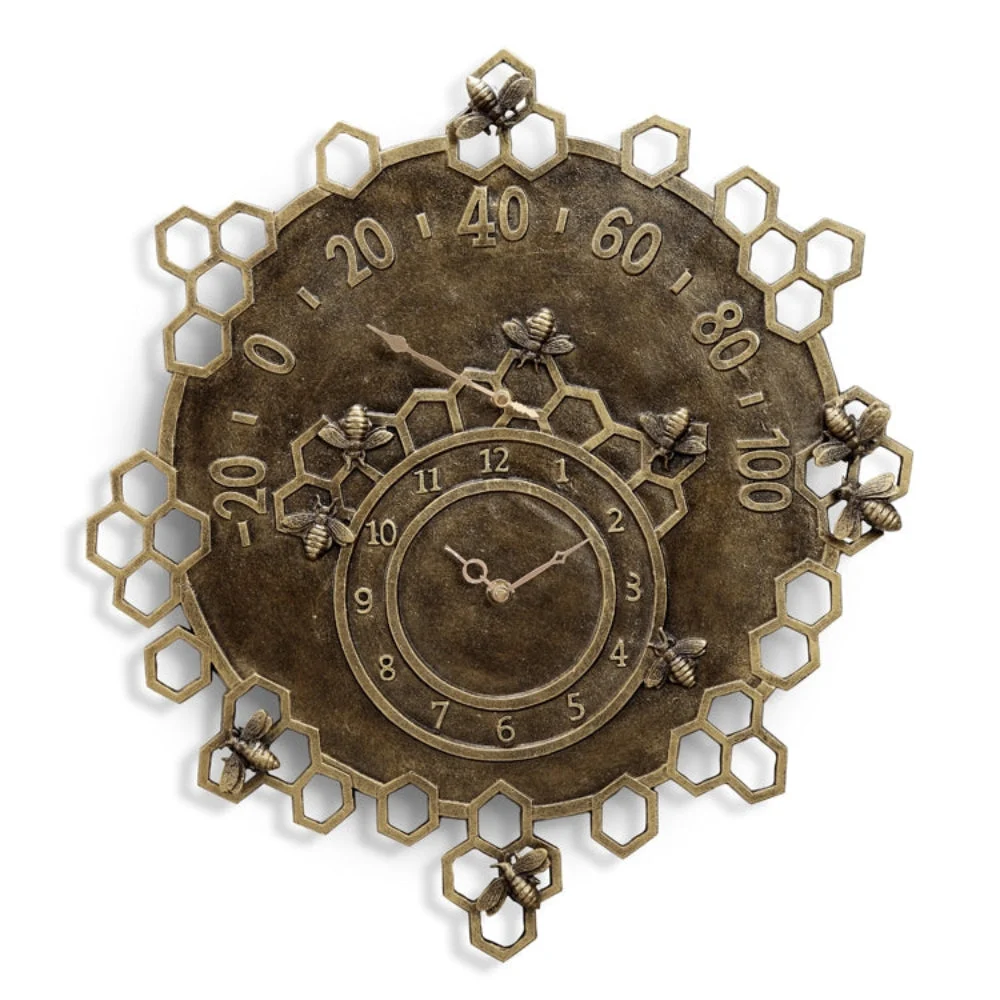 SPI Home Busy Bees Garden Clock and Thermometer – Decorative Metal Wall Art with Dual Function for Outdoor Use