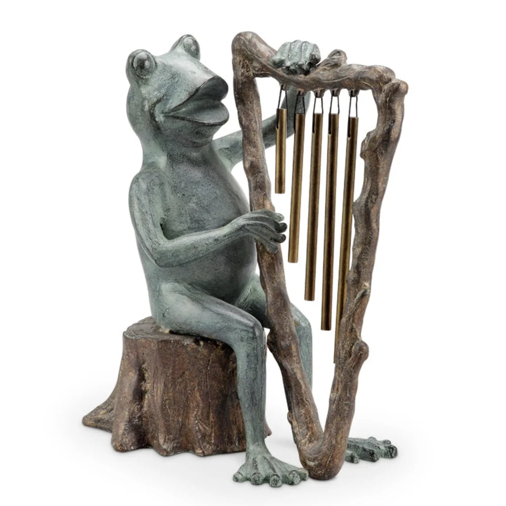 SPI Home Frog and Harp Wind Chime Garden Sculpture – Whimsical Metal Yard Decor with Musical Tube Chimes