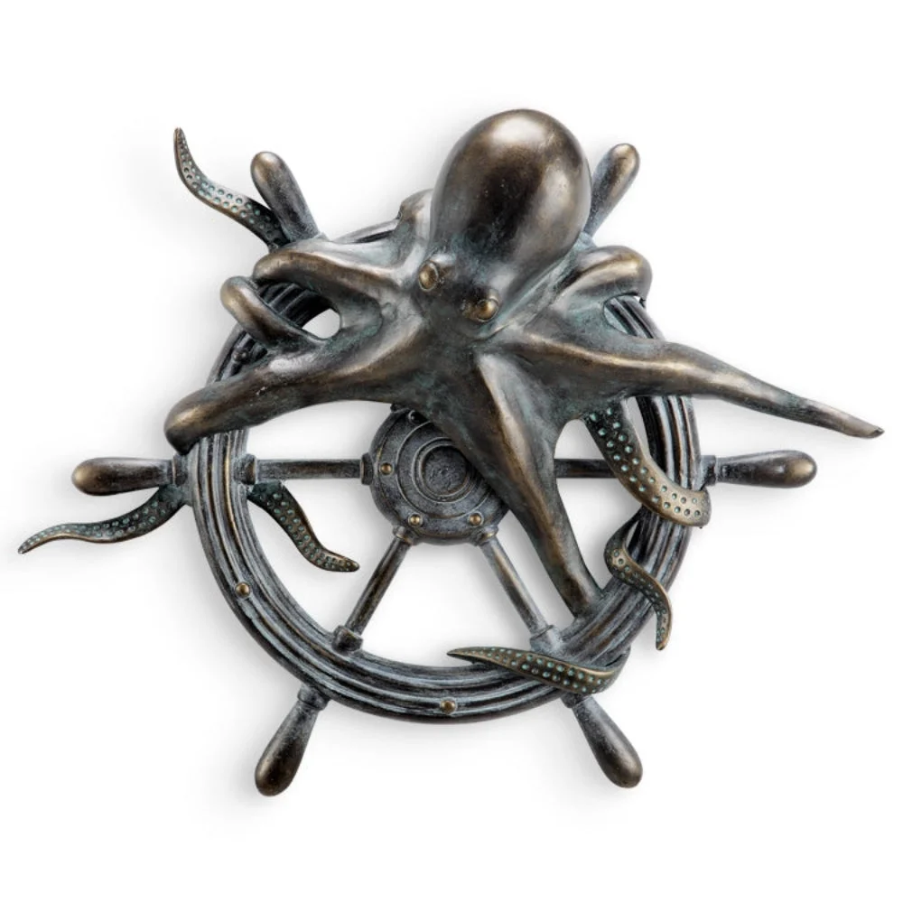 SPI Home Octopus and Ship's Wheel Wall Plaque – Nautical Metal Wall Art with Coastal Marine Design