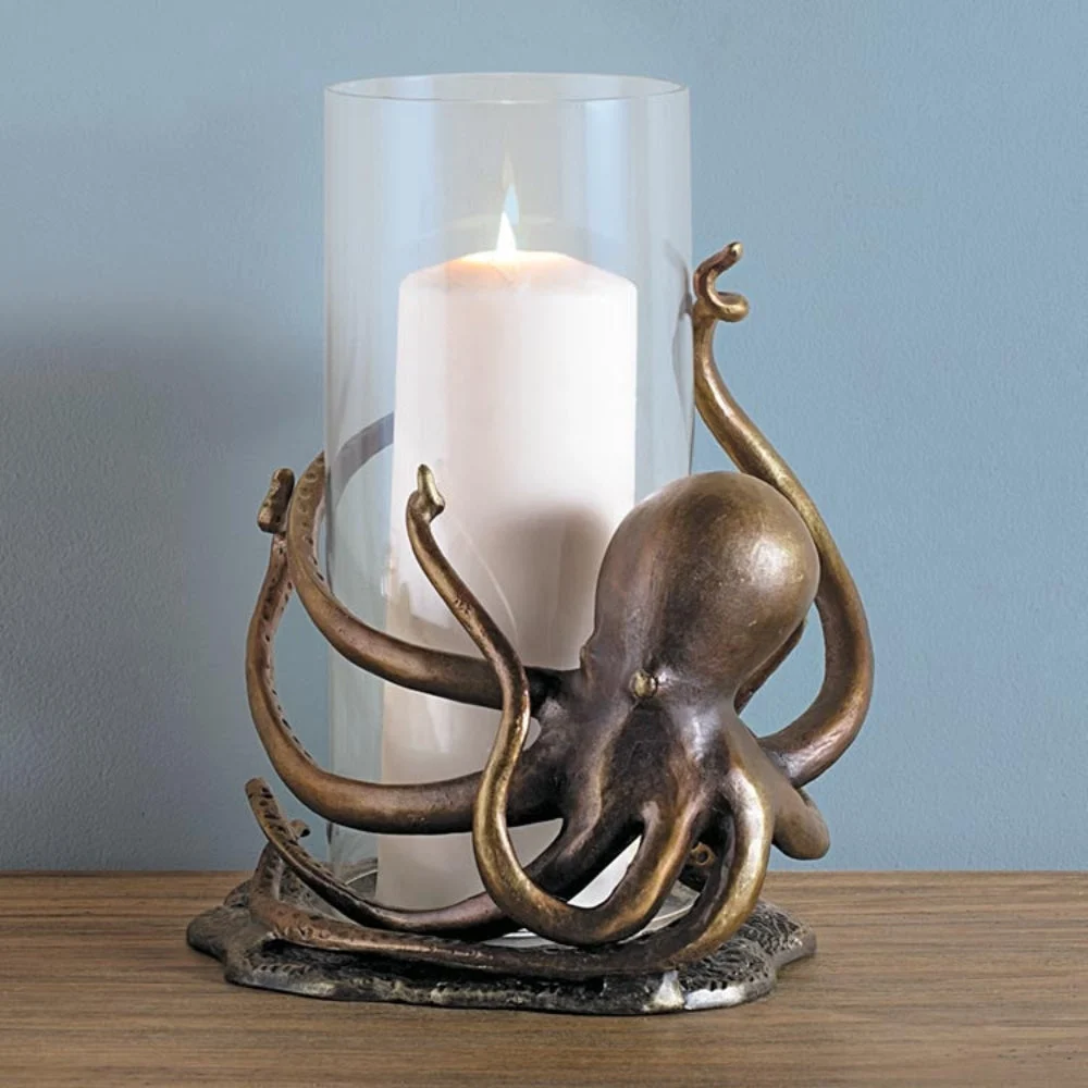 SPI Home Octopus Hurricane Candleholder – Sculpted Metal Sea Life Design, 14" H x 9.5" W, Coastal Decorative Accent
