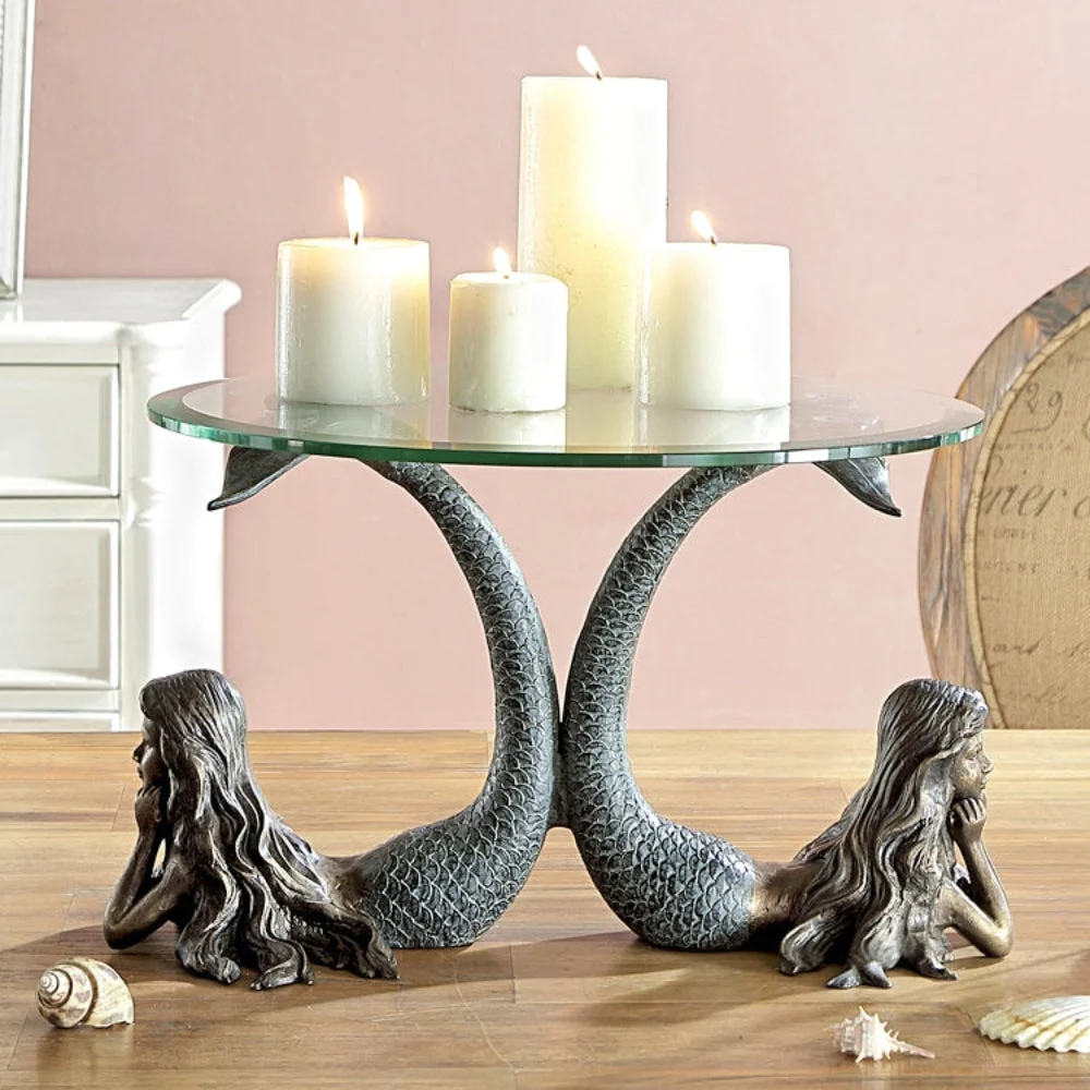 SPI Home Mermaid Duet Table Server – Sculpted Metal Ocean-Inspired Centerpiece, 10" H x 17.5" W, Coastal Candle or Food Display