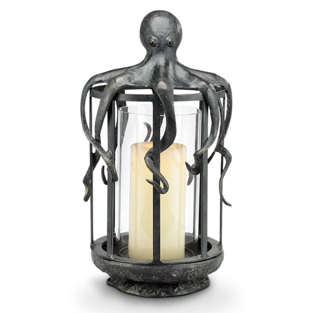 SPI Home Octopus Lantern – Sculpted Metal Coastal Candle Holder, 19.5" H x 10.5" W, Ocean-Inspired Decorative Lighting Accent