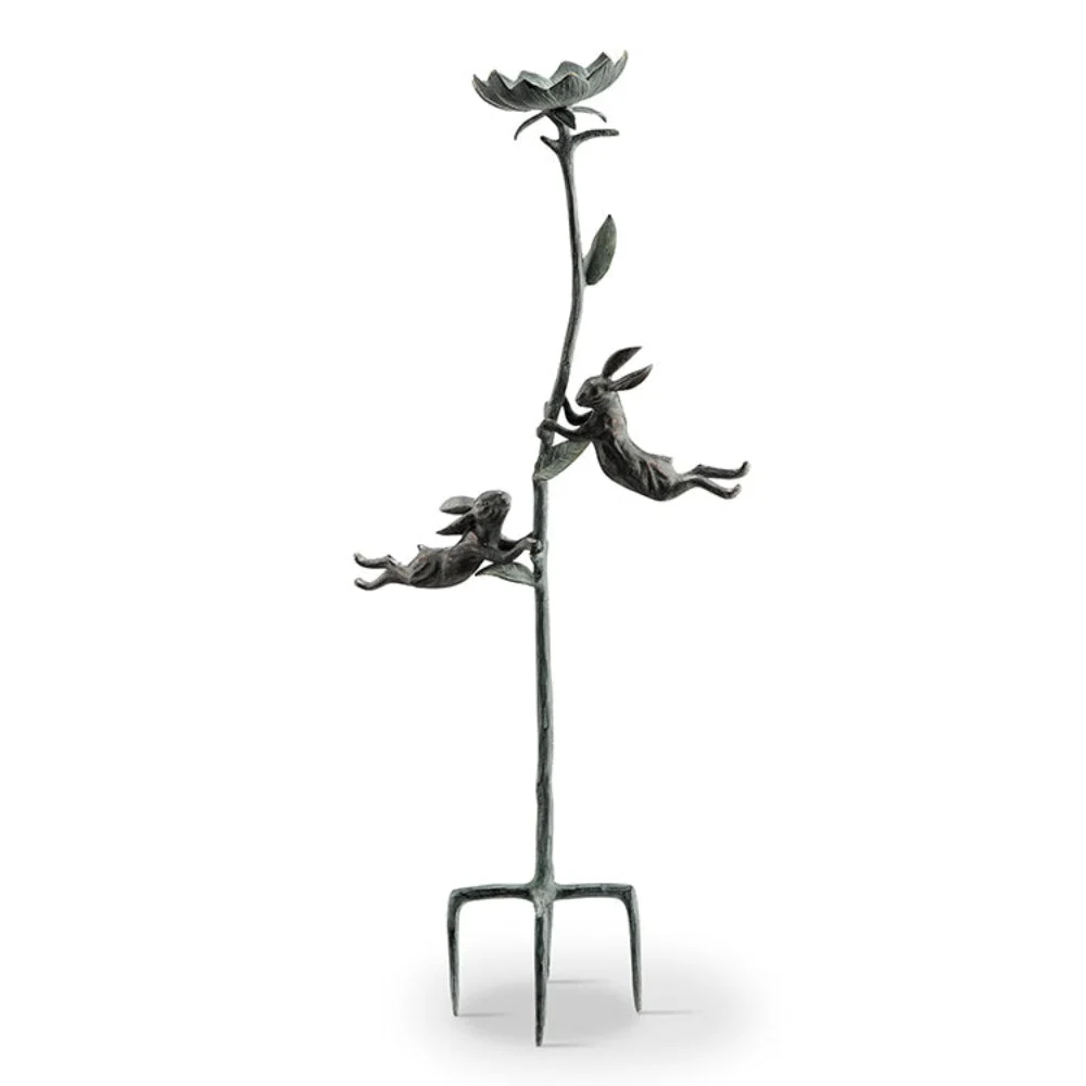 SPI Home Rowdy Rabbit Pair and Flower Birdfeeder with Stake – 44" Tall Metal Garden Sculpture, Whimsical Outdoor Feeder Décor