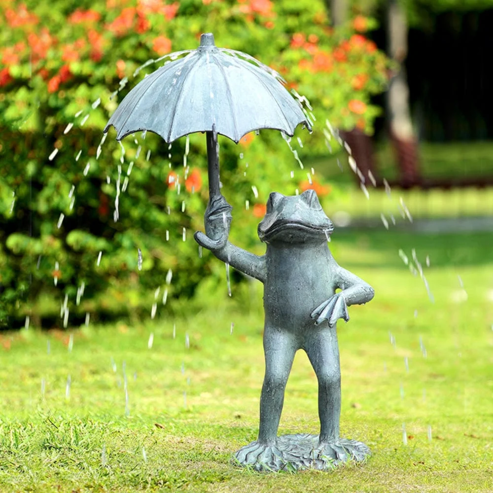 SPI Home Frog with Umbrella Garden Spitter – 29.5" Tall Metal Outdoor Water Feature, Whimsical Pond or Fountain Accent Sculpture
