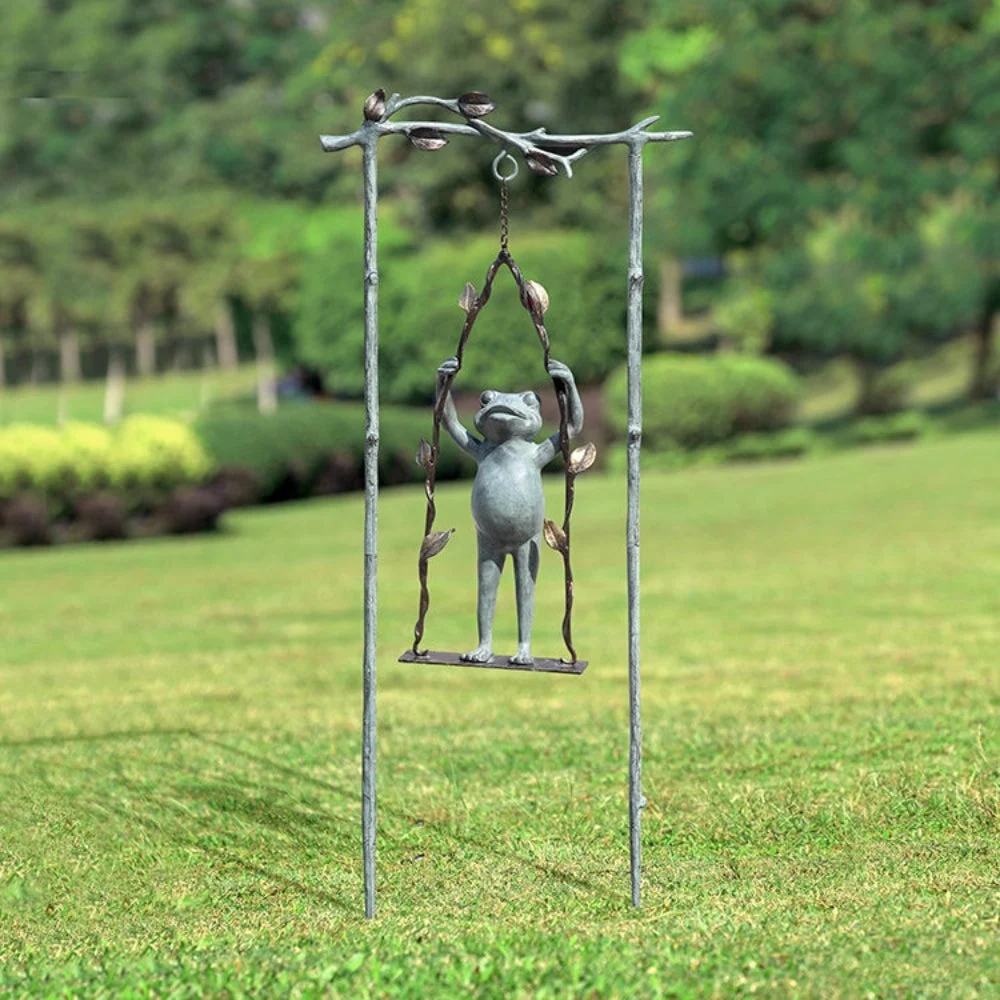 SPI Home Daredevil Frog on Swing Garden Stake – 42" Tall Whimsical Metal Outdoor Sculpture, Playful Hanging Frog Yard Art