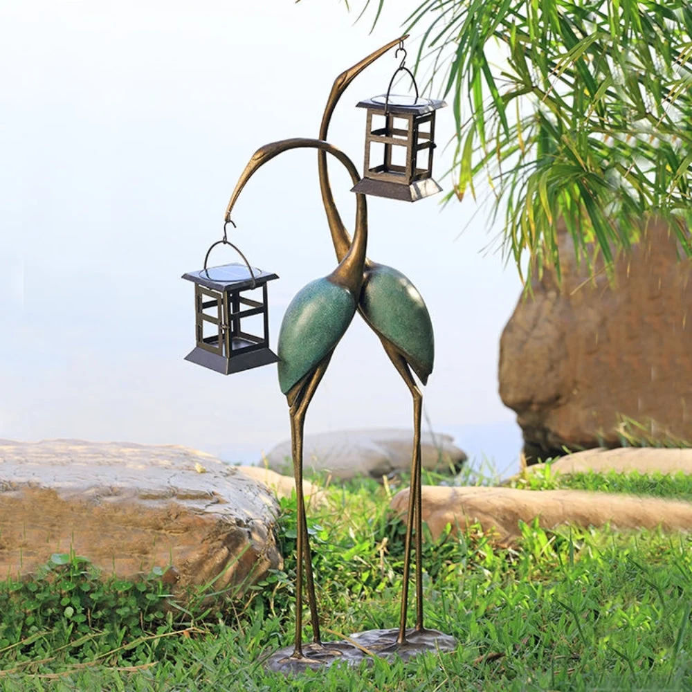 SPI Home Stylized Crane Pair LED Garden Sculpture – 35.5" Tall Metal Outdoor Statue with Soft-Glow Lights, Elegant Nature Accent