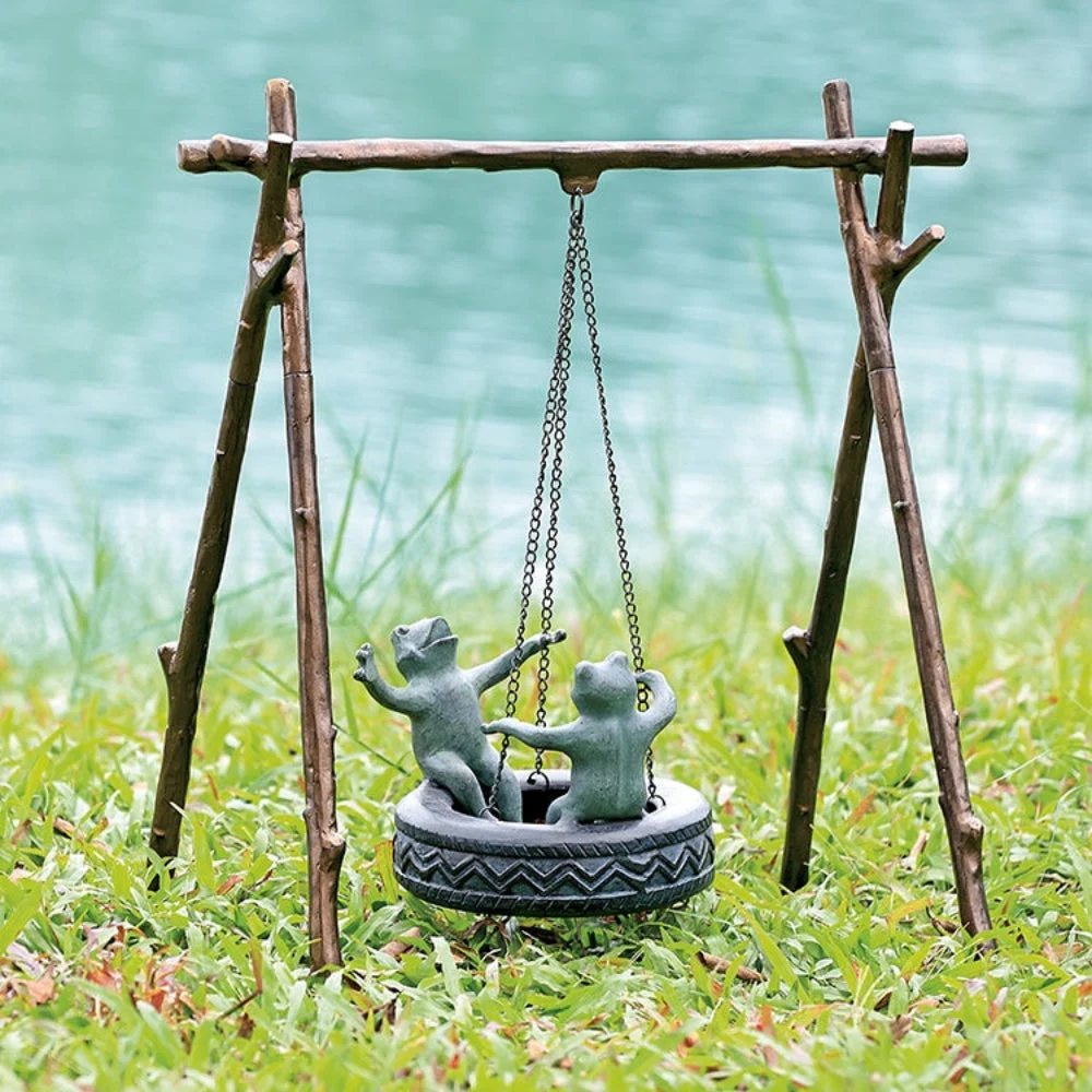 SPI Home Tire Swing Frogs Garden Sculpture – 23.5" Tall Whimsical Metal Outdoor Art, Playful Bronze Frog Pair on Swing