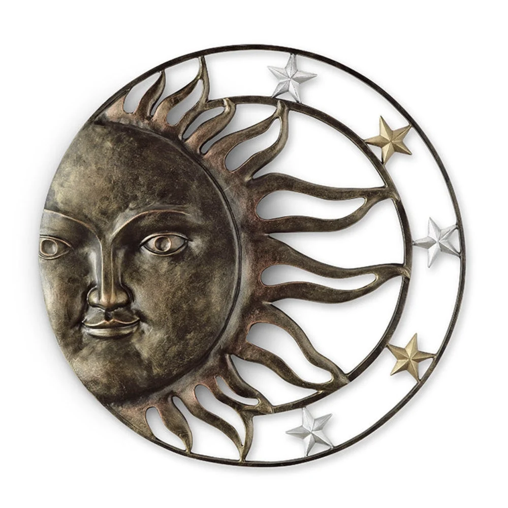 SPI Home Sun and Stars Wall Hanging – 35" Round Metal Celestial Wall Art, Bronze-Finish Indoor/Outdoor Decorative Plaque