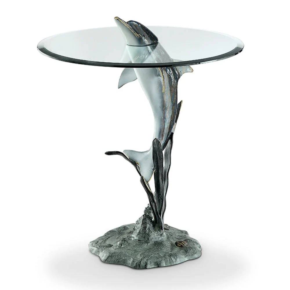SPI Home Surfacing Dolphin End Table – 26" Tall Bronze Metal Coastal Accent Table with Glass Top, Marine-Inspired Sculptural Base
