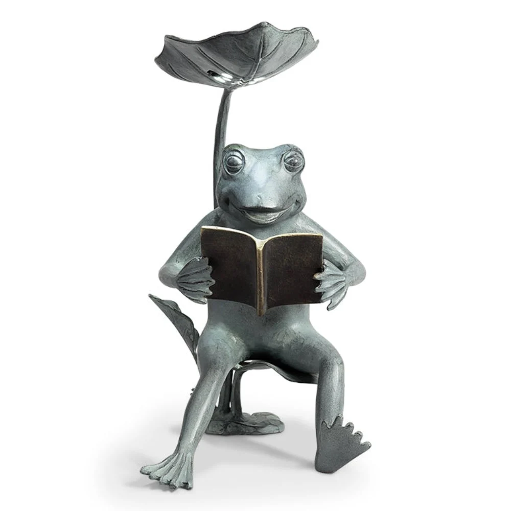 SPI Home Reading Frog Birdfeeder with LED Light – 18.5" Bronze Metal Garden Sculpture, Whimsical Outdoor Feeder with Solar Accent