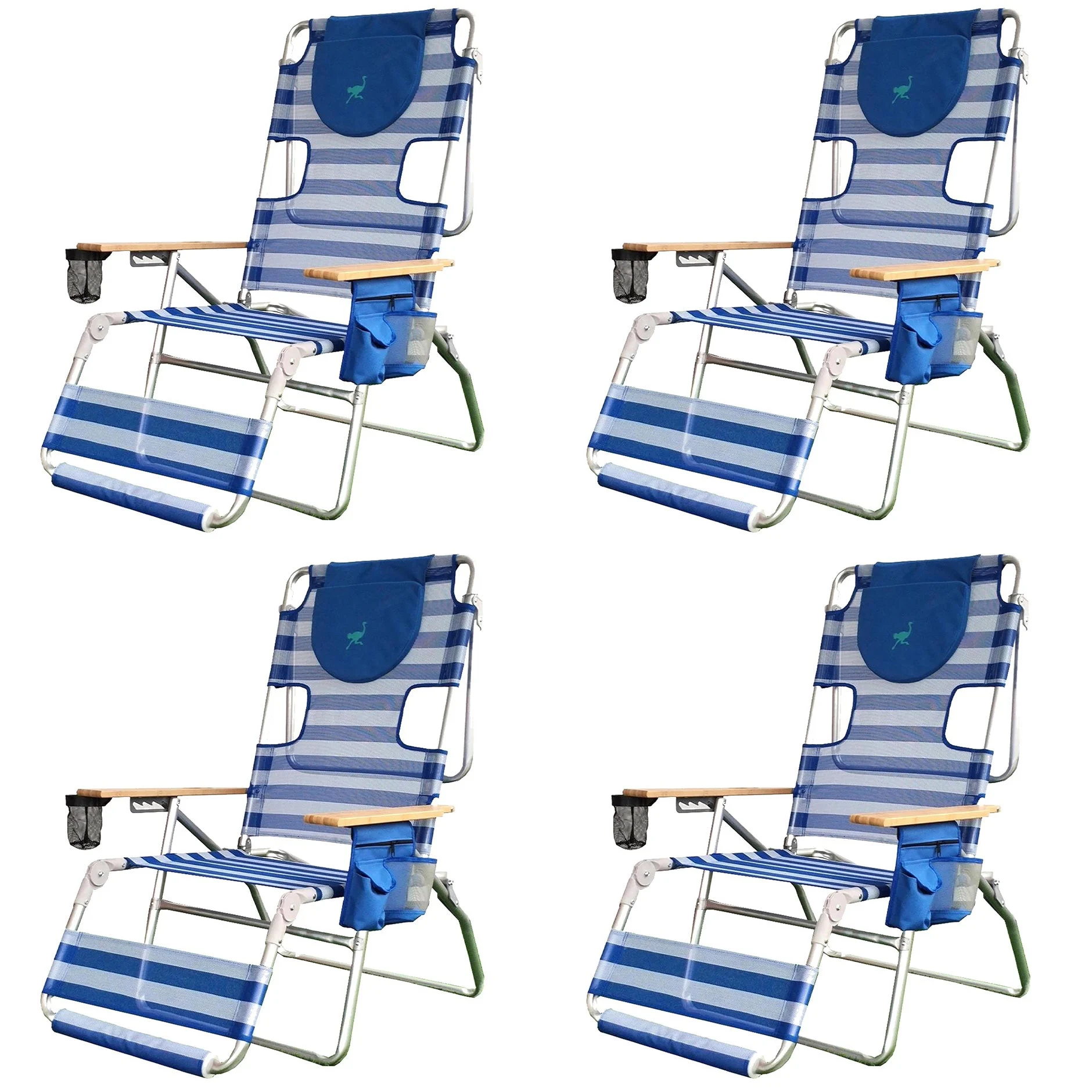 Ostrich 3-N-1 Altitude Outdoor Reclining Patio Beach Lounge Chair, Blue (4 Pack)