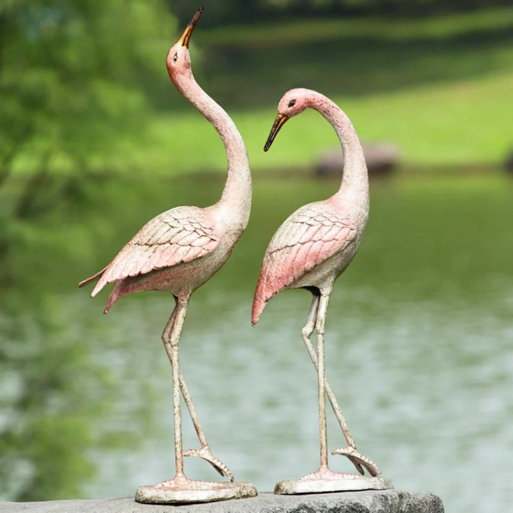SPI Home Flamboyant Crane Garden Pair Set of 2 – Cast Iron Sculptures, Rustic Patina Finish, 28" Tall Outdoor Decor