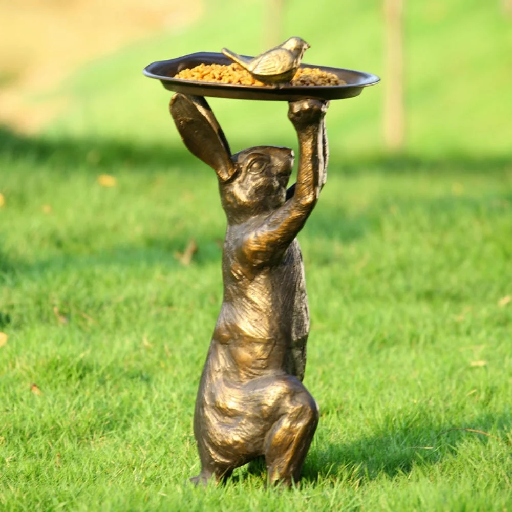 SPI Home Bunny's Best Friend Birdfeeder – 22" Tall Cast Iron Garden Sculpture with Bowl, Rustic Animal Outdoor Decor