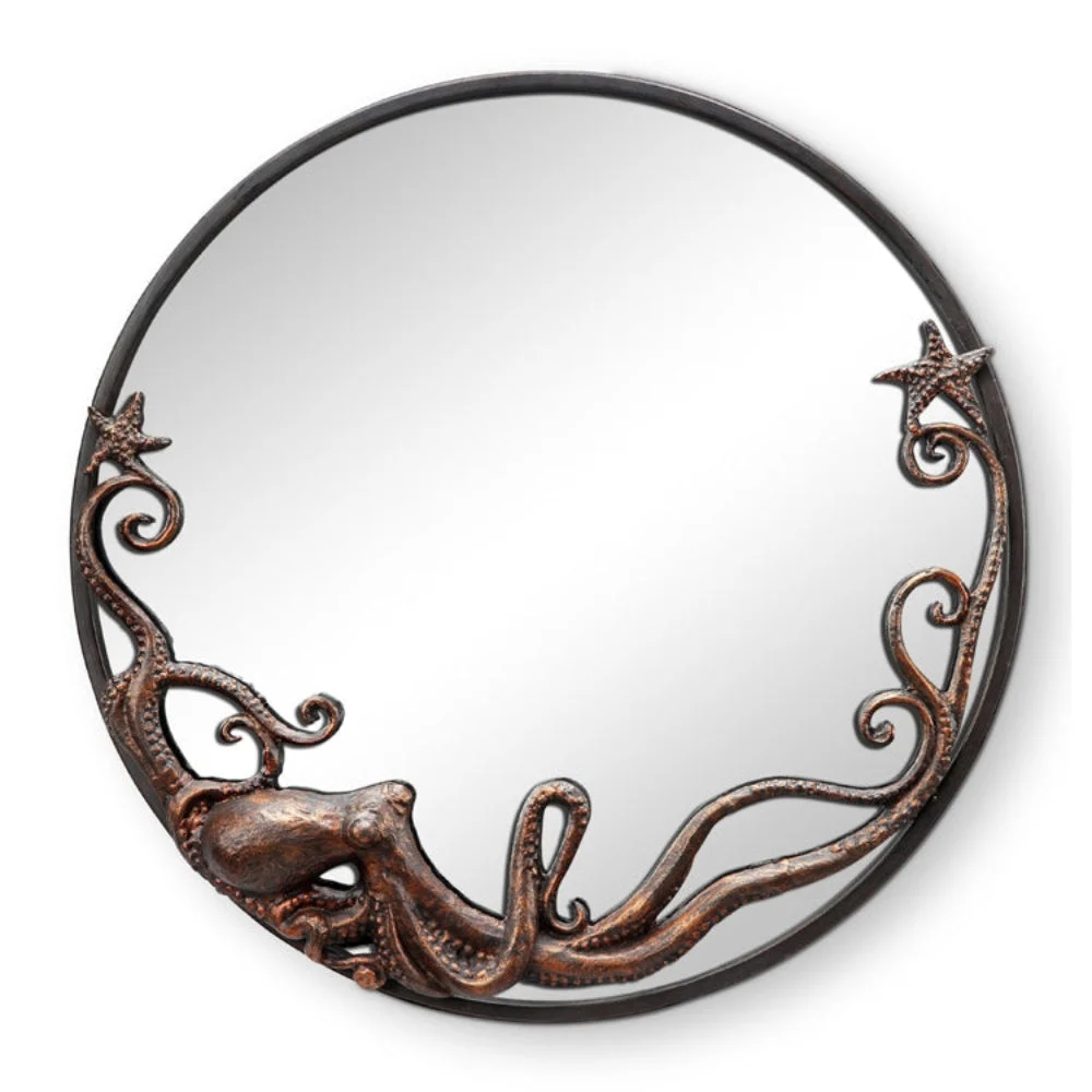SPI Home Octopus Round Wall Mirror – 22" Cast Iron Frame with Nautical Design, Rustic Bronze Finish Sea Life Wall Decor