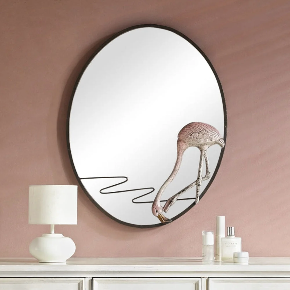 SPI Home Flamingo Wall Mirror – 26" Cast Iron Frame with Sculptural Flamingo Design, Rustic Pink Bronze Coastal Wall Decor