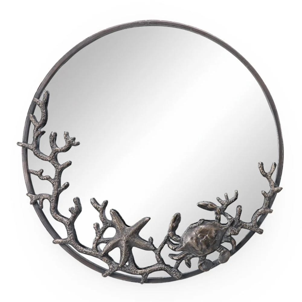 SPI Home Starfish and Crab Wall Mirror – 22" Round Cast Iron Frame with Coastal Marine Design, Rustic Bronze Sea Life Decor