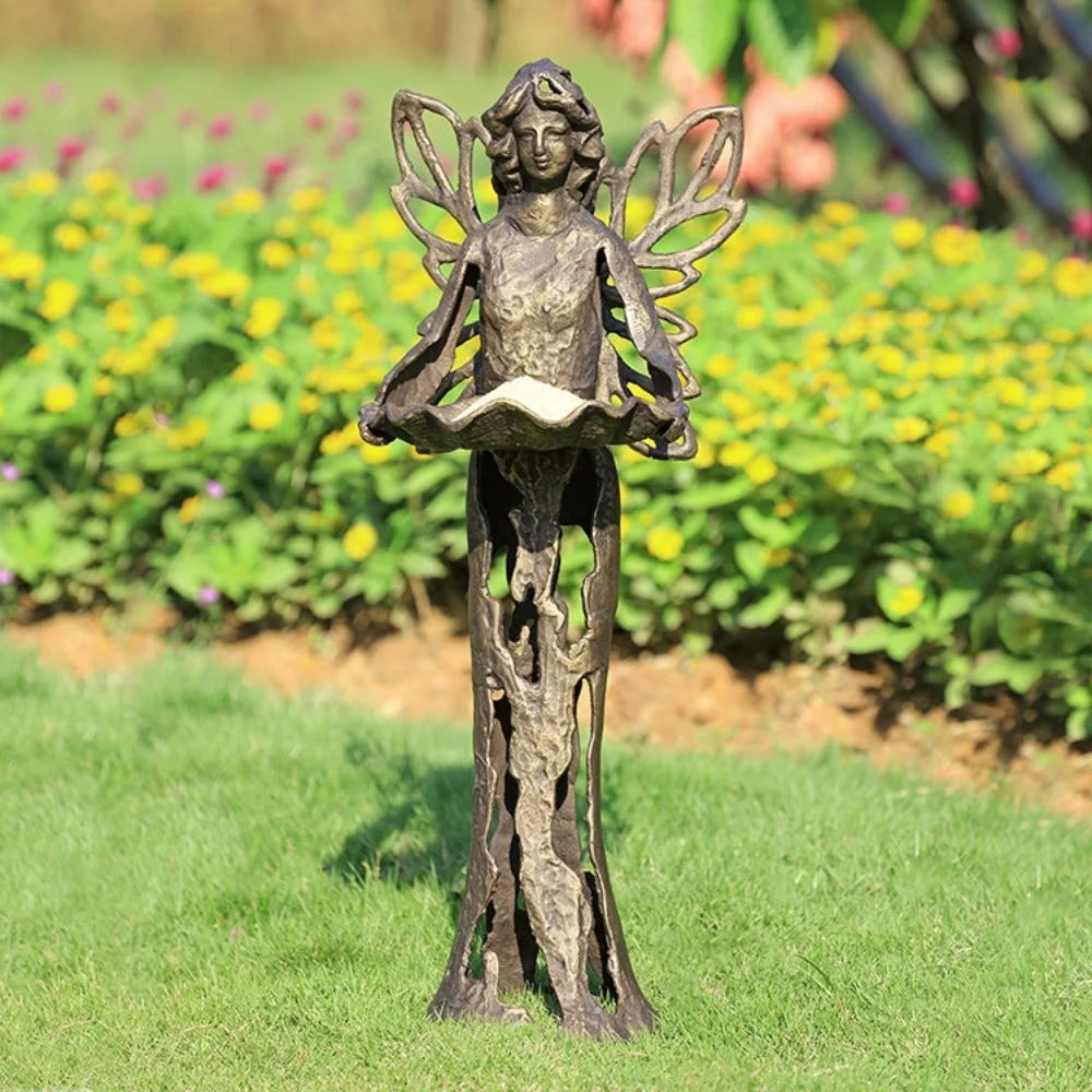 SPI Home Stylized Fairy Birdfeeder in Cast Iron – Whimsical Garden Sculpture with Integrated Feeding Bowl, 26" Tall