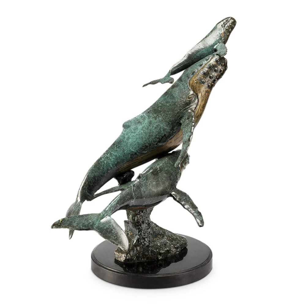 SPI Home Humpback Family Sculpture – Solid Brass Whale Trio with Ocean Wave Base, Coastal Decor, 16.5" Tall