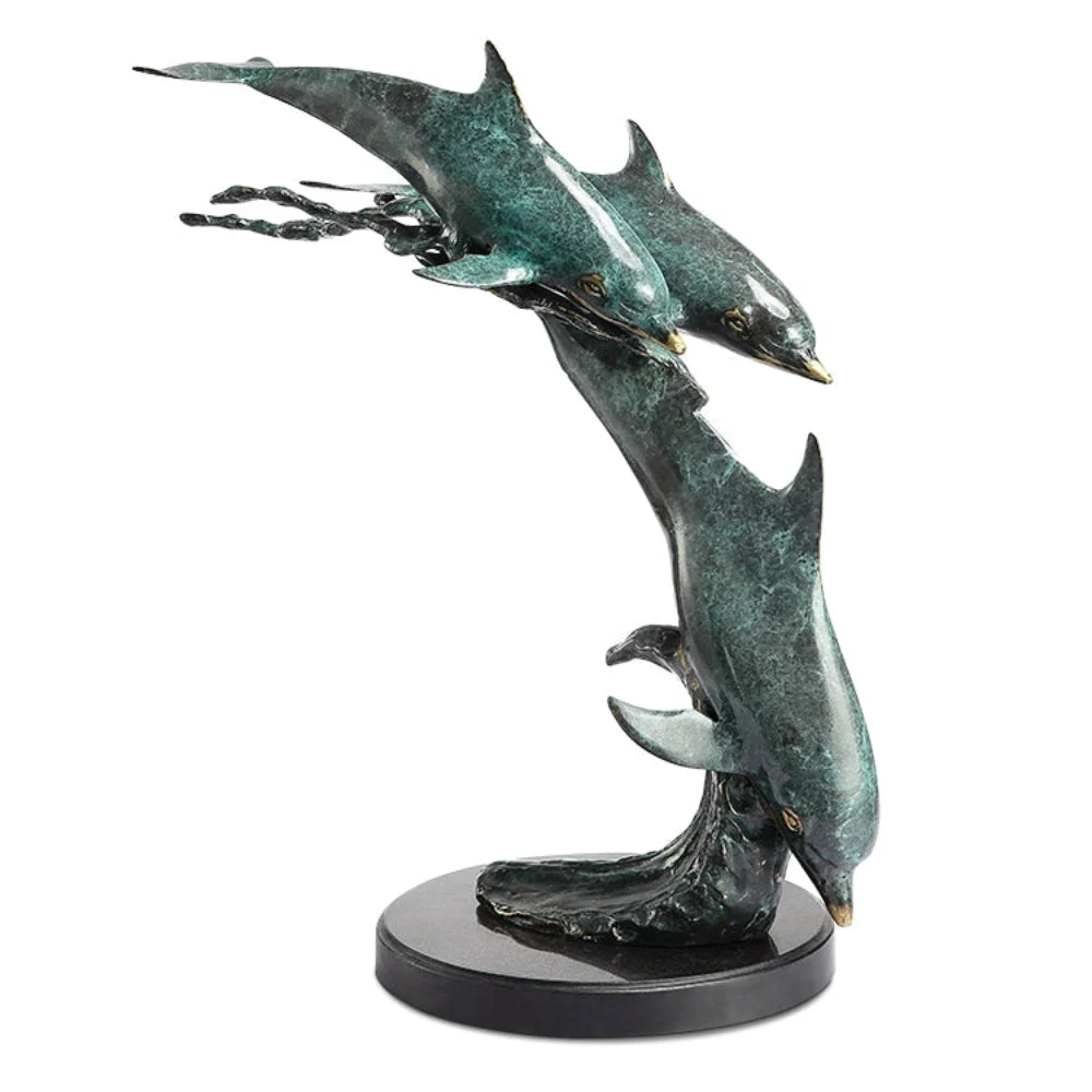 SPI Home Dolphin Trio on Wave Sculpture – Solid Brass Coastal Marine Decor, 10" Tall Ocean-Inspired Accent