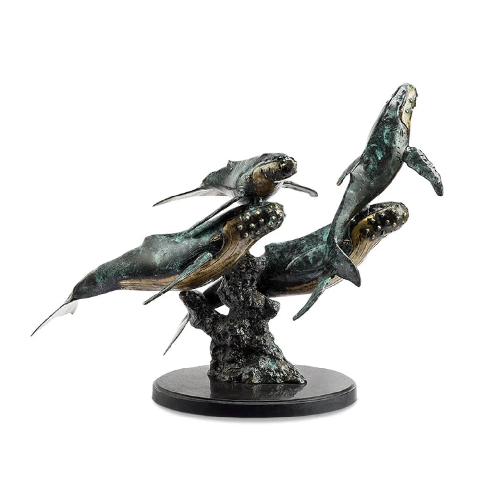 SPI Home Humpback Quartet Sculpture – Brass Ocean-Inspired Marine Life Decor, 18" Tall Whale Family Display