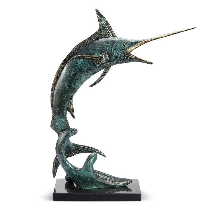 SPI Home Predatory Marlin Brass Sculpture with Dynamic Ocean Wave Base – 26" Coastal Statement Art